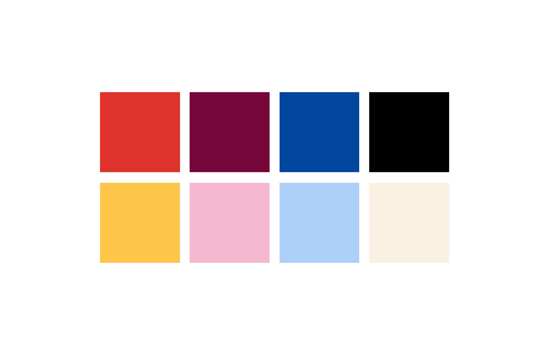 Farbfelder vom Projekt Mate. Rot, Bordeaux Rot, Pazifik Blau, Gelb, Rosa, Hellblau, Schwarz und Ecru