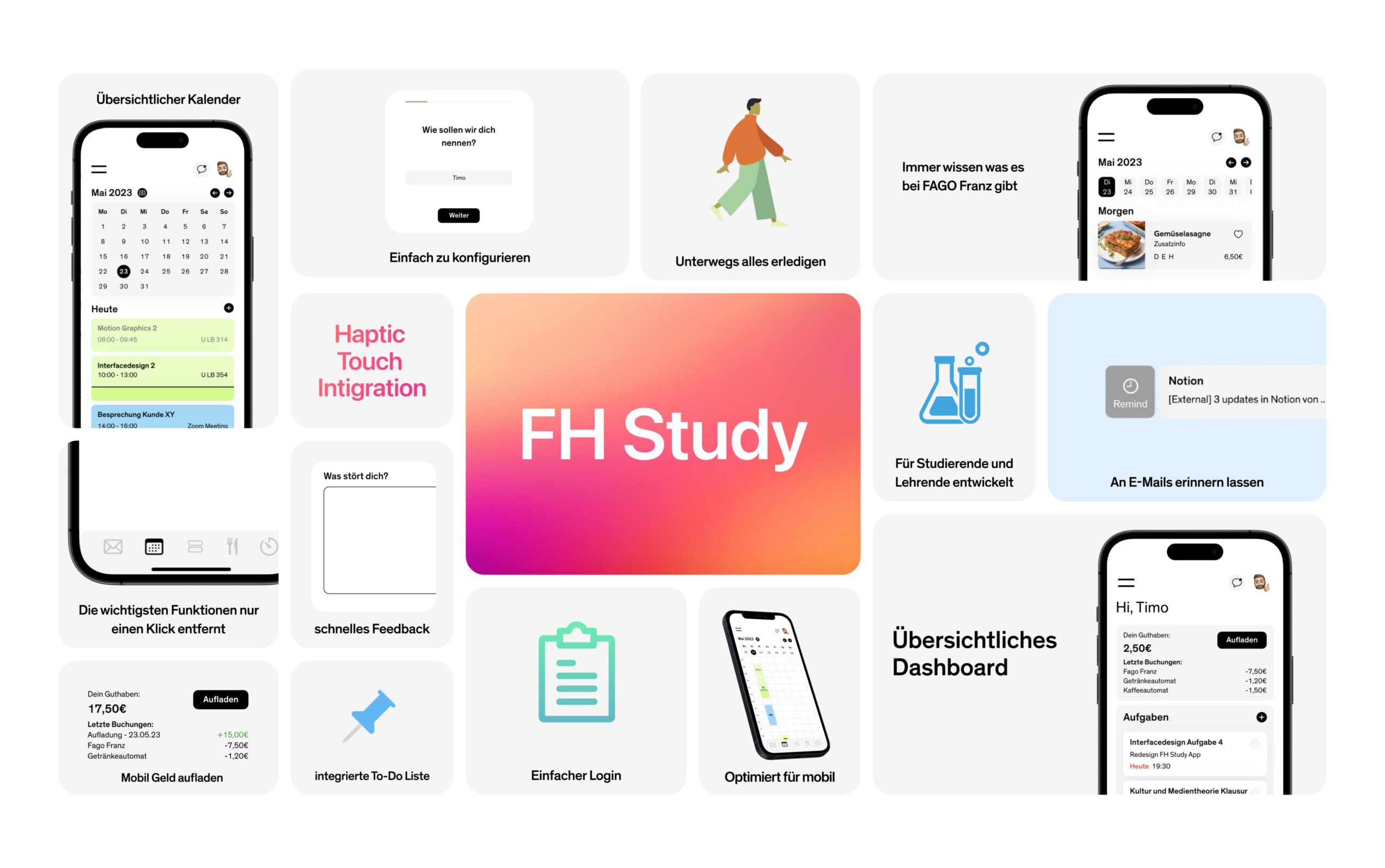 App Überblick mit den einzelnen Funktionen und Visuellen Ausschnitten der FH Study App