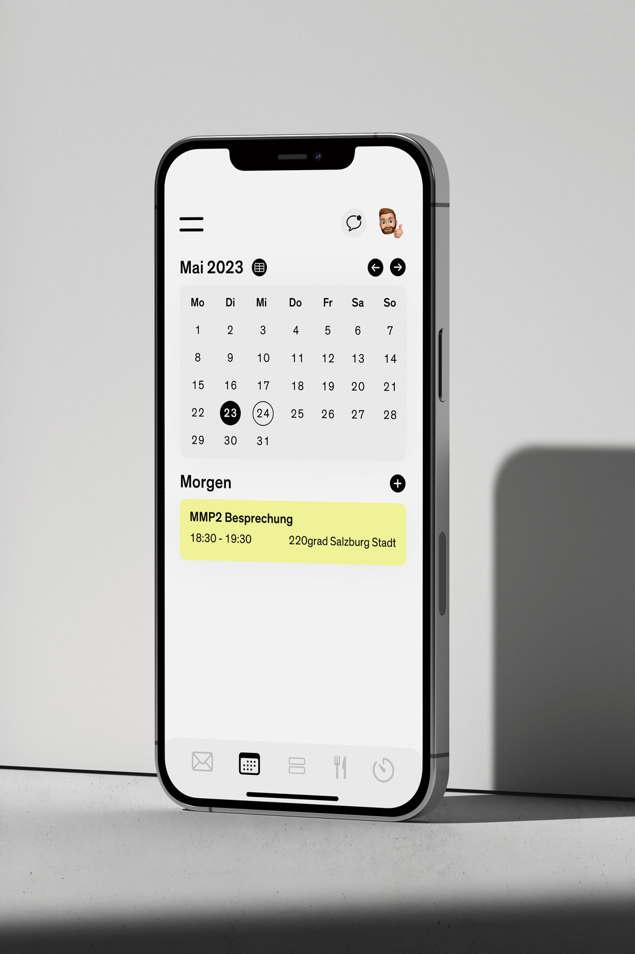 Smartphone mit der geöffneten Study App. Gezeigt wird die Kalender Funktion.