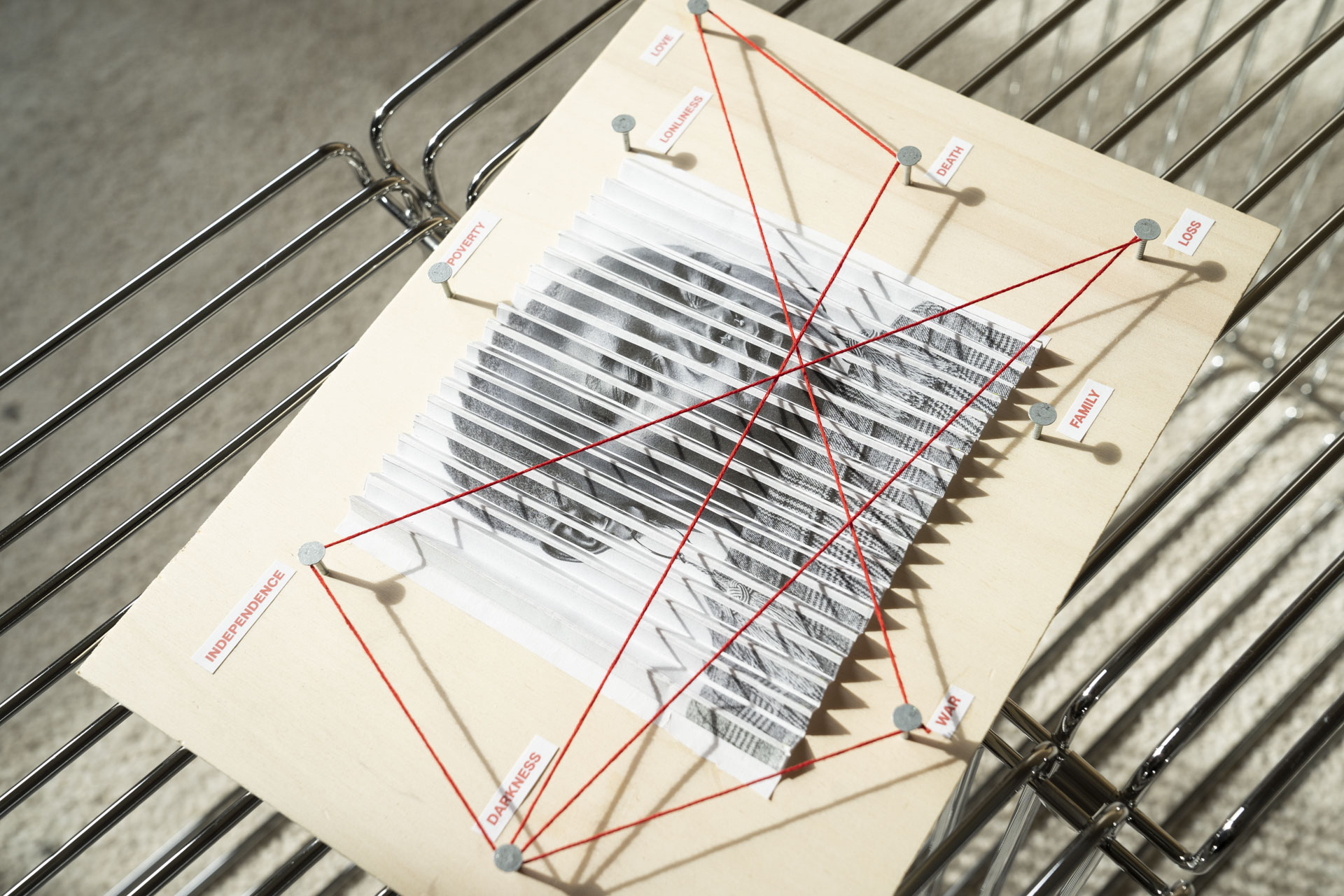 Nahaufnahme eines Holzbretts mit einem gefalteten Blatt Papier mit einem Bild darauf. Über dem Bild ein roter Faden mittels Nägel gespant, welcher mehrere Begriffe zu alltagsrelevanten Themen verbindet.